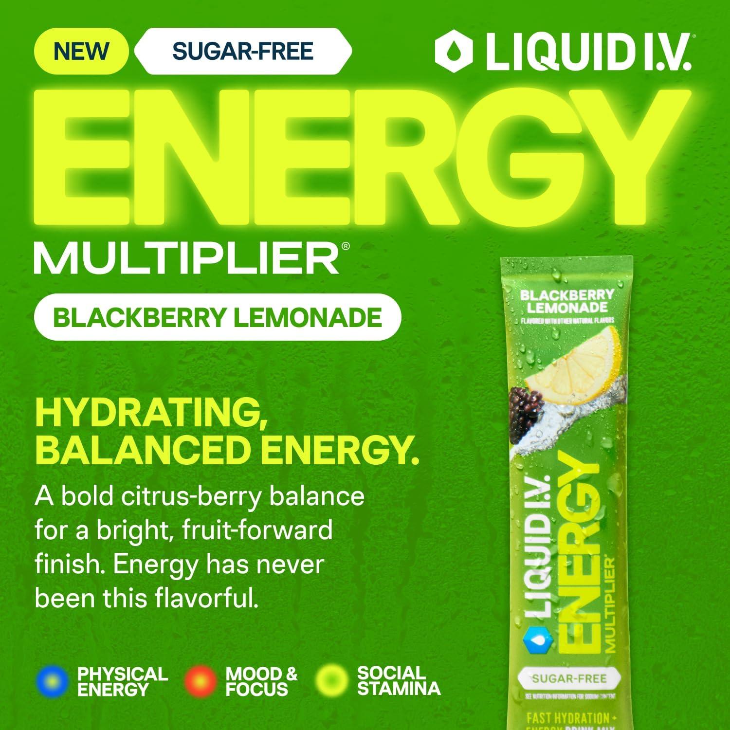 imageLiquid IV Hydration Multiplier Sugar Free Energy Strawberry Kiwi Electrolyte Powder Drink Mix 1 Pack 14 ServingsBlackberry Lemonade
