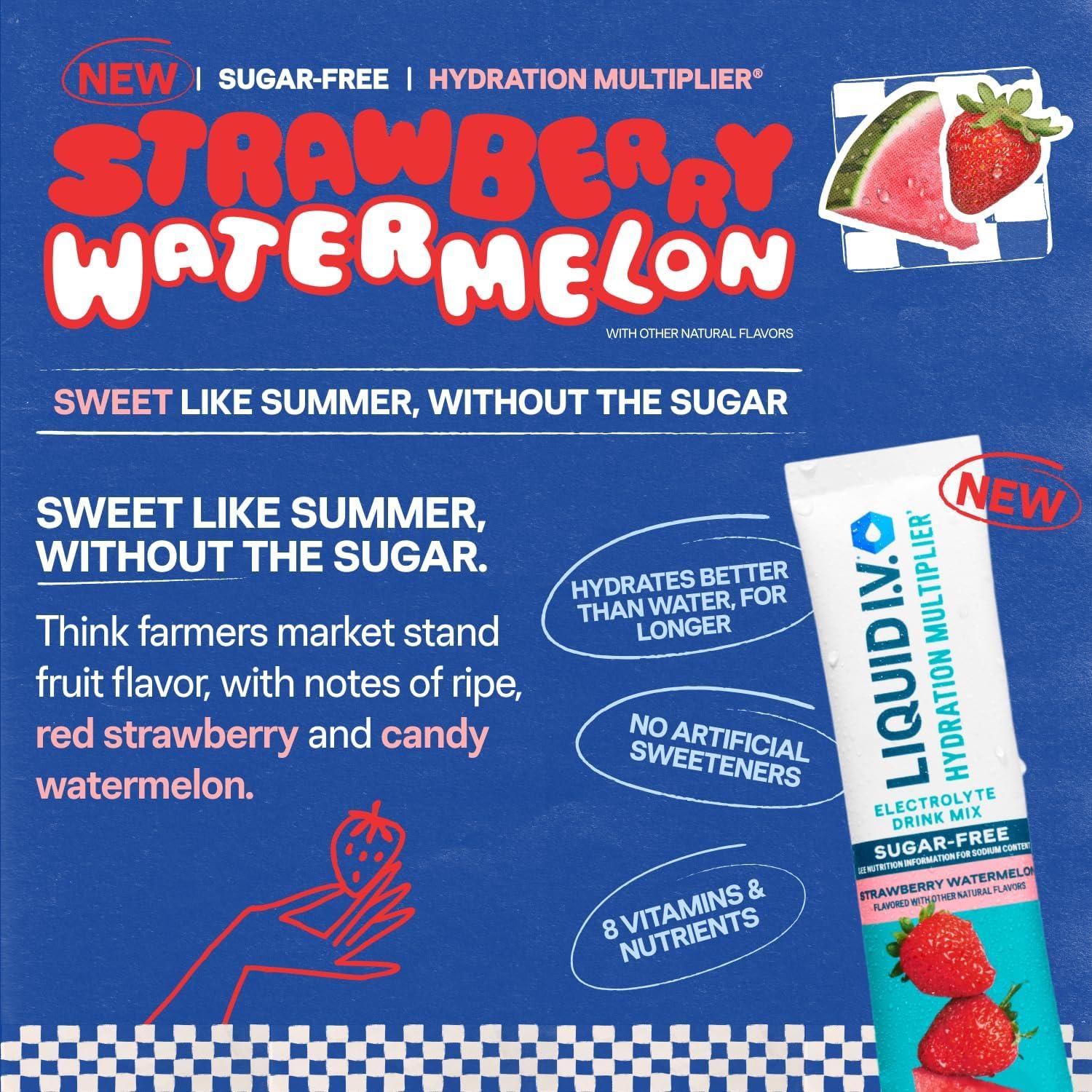 imageLiquid IV Hydration Multiplier SugarFree Raspberry Lemonade Electrolyte Powder Drink Mix 1 Pack 14 ServingsStrawberry Watermelon