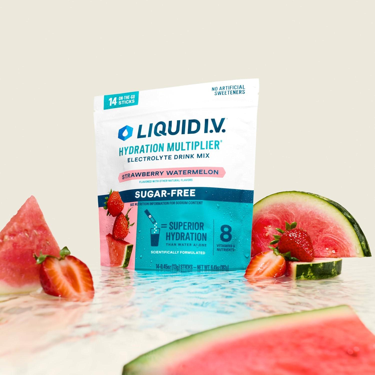 imageLiquid IV Hydration Multiplier SugarFree Raspberry Lemonade Electrolyte Powder Drink Mix 1 Pack 14 ServingsStrawberry Watermelon