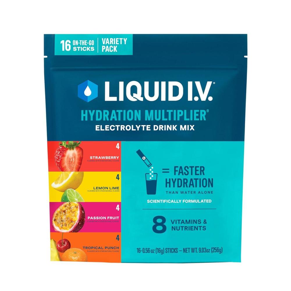imageLiquid IV Hydration Multiplier Variety Pack Lemon Lime Passion Fruit Strawberry Tropical Punch Electrolyte Powder Drink Mix 1 Pack 16 Servings