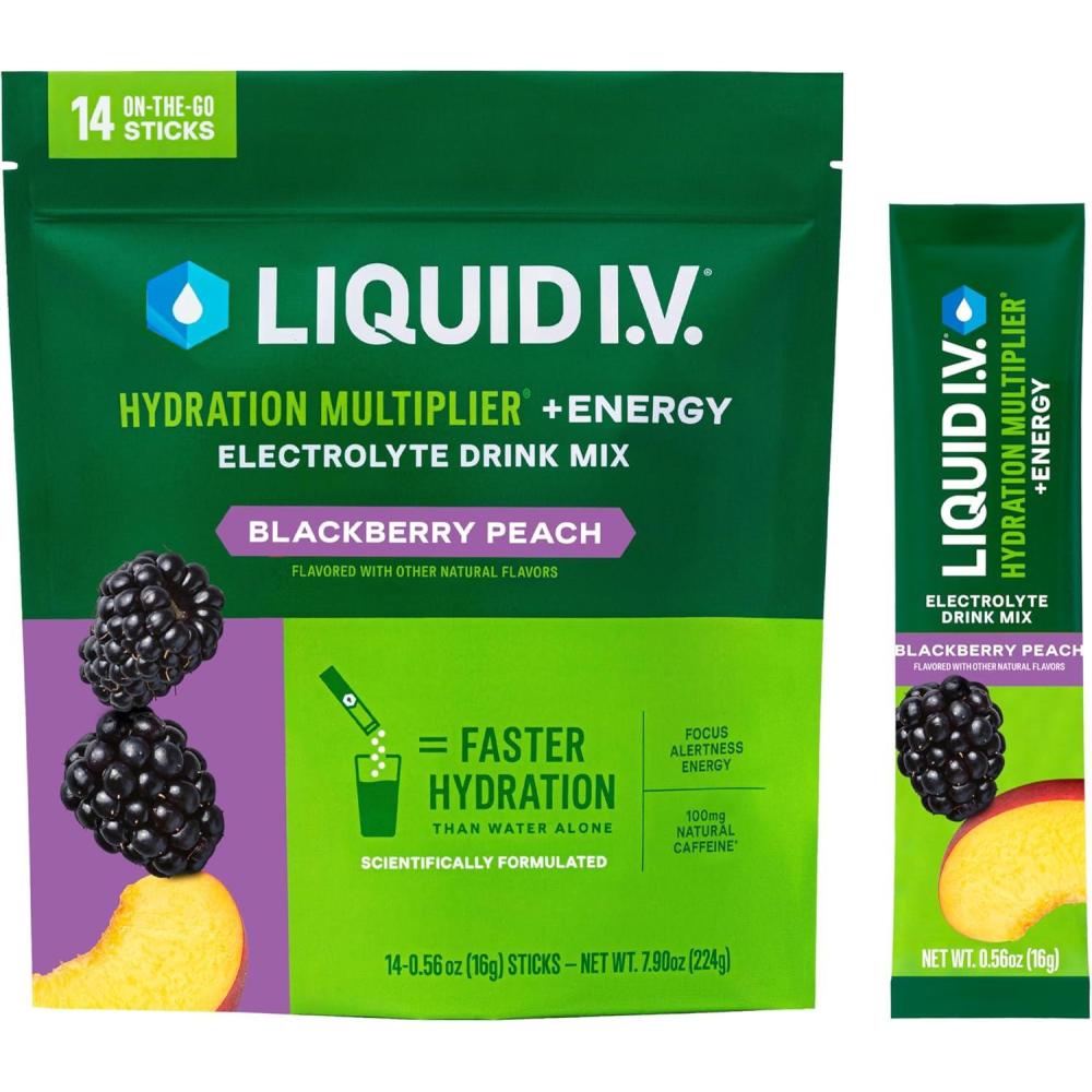 imageLiquid IV Hydration Multiplier Energy BlackBerry Peach Electrolyte Powder Drink 1 Pack 14 ServingsBlackberry Peach
