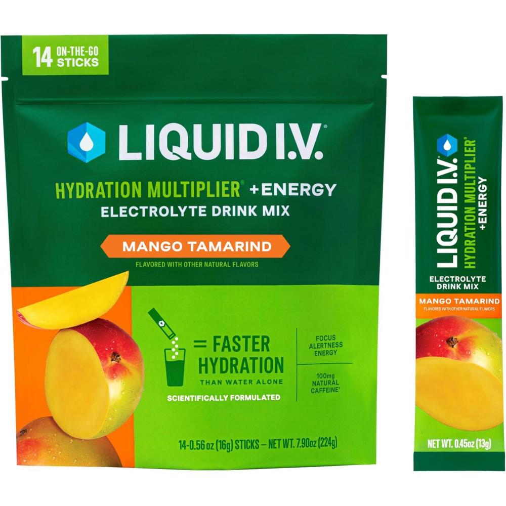 imageLiquid IV Hydration Multiplier Energy BlackBerry Peach Electrolyte Powder Drink 1 Pack 14 ServingsMango Tamarind