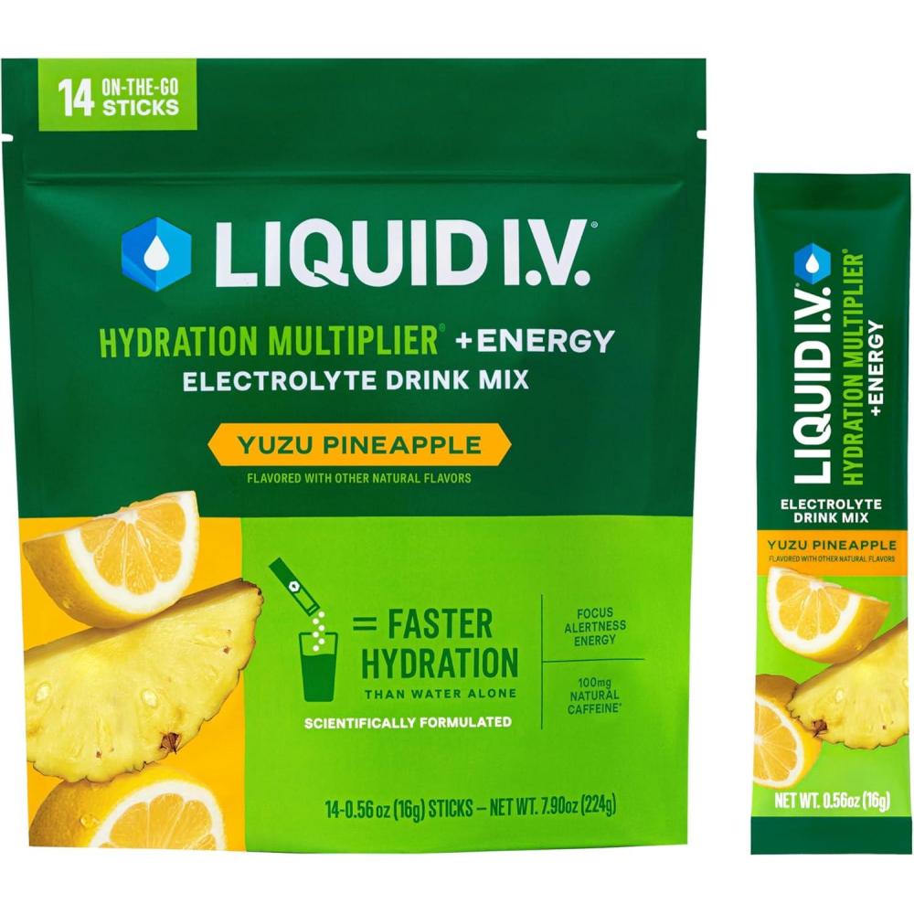 imageLiquid IV Hydration Multiplier Energy BlackBerry Peach Electrolyte Powder Drink 1 Pack 14 ServingsYuzu Pineapple