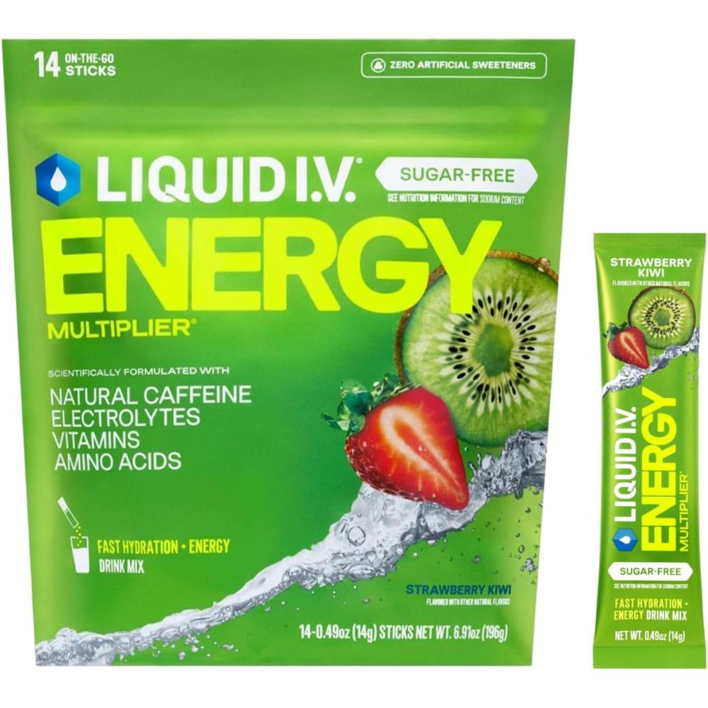 imageLiquid IV Hydration Multiplier Sugar Free Energy Strawberry Kiwi Electrolyte Powder Drink Mix 1 Pack 14 ServingsStrawberry Kiwi