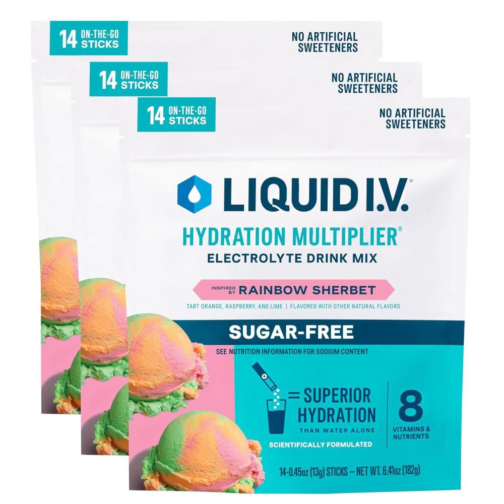 imageLiquid IV Hydration Multiplier Sugar Free Lemon Lime Electrolyte Powder Drink Mix 3 Pack 42 ServingsRainbow Sherbet
