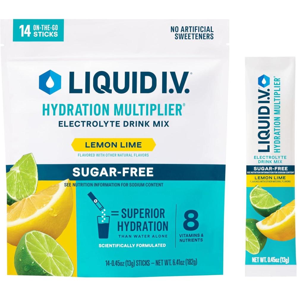 imageLiquid IV Hydration Multiplier SugarFree Raspberry Lemonade Electrolyte Powder Drink Mix 1 Pack 14 ServingsLemon Lime