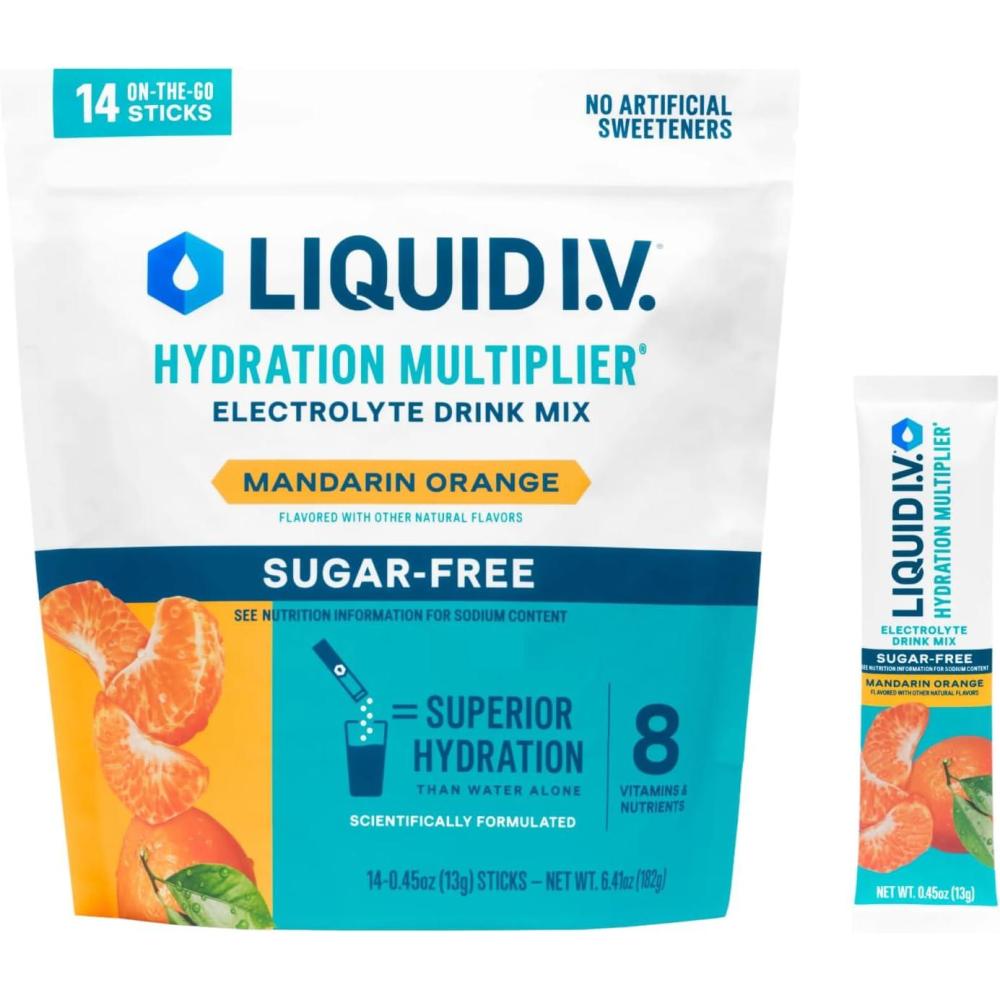 imageLiquid IV Hydration Multiplier SugarFree Raspberry Lemonade Electrolyte Powder Drink Mix 1 Pack 14 ServingsMandarin Orange