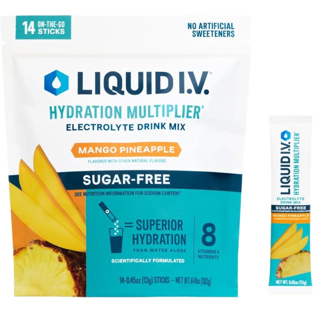 imageLiquid IV Hydration Multiplier SugarFree Raspberry Lemonade Electrolyte Powder Drink Mix 1 Pack 14 ServingsMango Pineapple