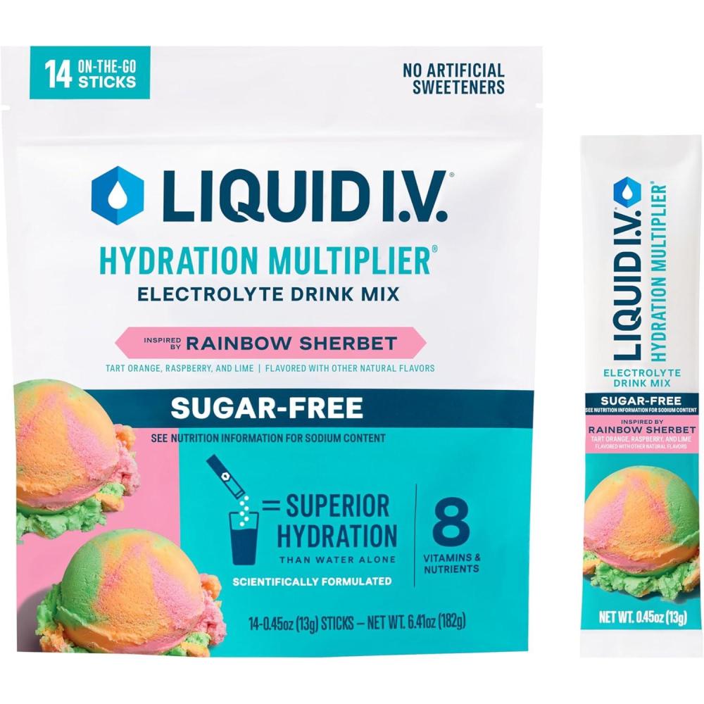 imageLiquid IV Hydration Multiplier SugarFree Raspberry Lemonade Electrolyte Powder Drink Mix 1 Pack 14 ServingsRainbow Sherbet