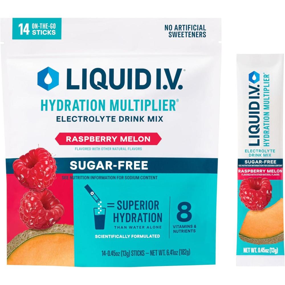 imageLiquid IV Hydration Multiplier SugarFree Raspberry Lemonade Electrolyte Powder Drink Mix 1 Pack 14 ServingsRaspberry Melon
