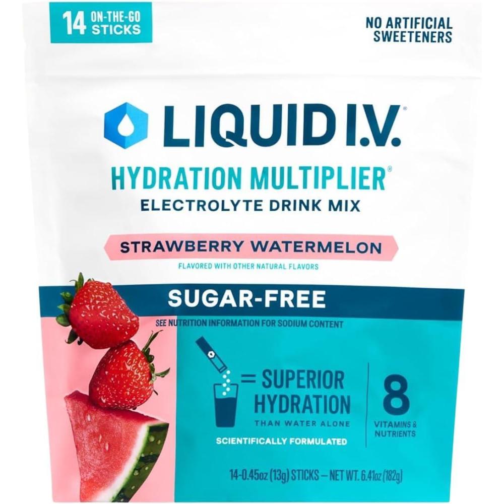 imageLiquid IV Hydration Multiplier SugarFree Raspberry Lemonade Electrolyte Powder Drink Mix 1 Pack 14 ServingsStrawberry Watermelon