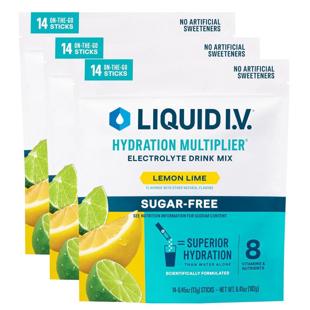 imageLiquid IV Hydration Multiplier SugarFree Raspberry Melon Electrolyte Powder Drink Mix 3 Pack 42 ServingsLemon Lime