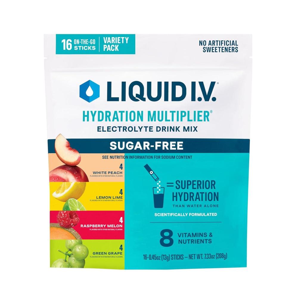 imageLiquid IV Hydration Multiplier SugarFree Variety Pack Raspberry Melon Lemon Lime White Peach Green Grape Electrolyte Powder Drink Mix 1 Pack 16 Servings