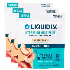 Liquid I.V.® Hydration Multiplier Sugar-Free – Raspberry Melon | Electrolyte Powder Drink Mix | 3 Pack (42 Servings)(White Peach)