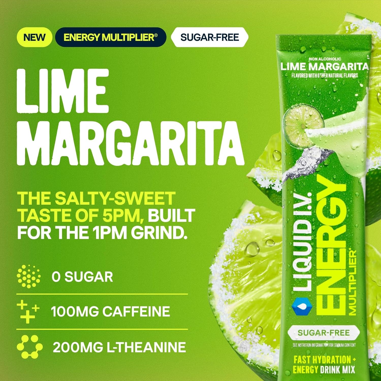 imageLiquid IV Hydration Multiplier SugarFree Energy Lime Margarita Mocktail Electrolyte Powder Drink Mix 1 Pack 14 ServingsLime Margarita Mocktail